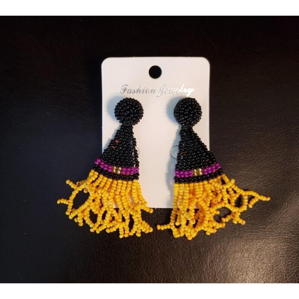 Halloween Black Witch Hat Seed Beaded Earrings